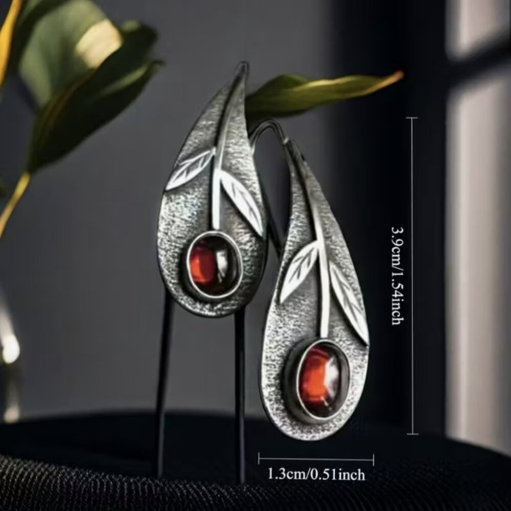 NEW Graceful Silver and Red Cabochon Curved Drop Boho Earrings - Picture 4 of 4